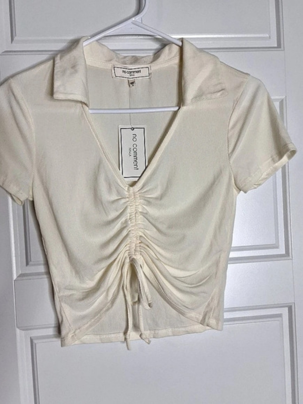 No Comment Ribbed Short Sleeve Collared Ruched Front Crop Top Ribbed Ruched